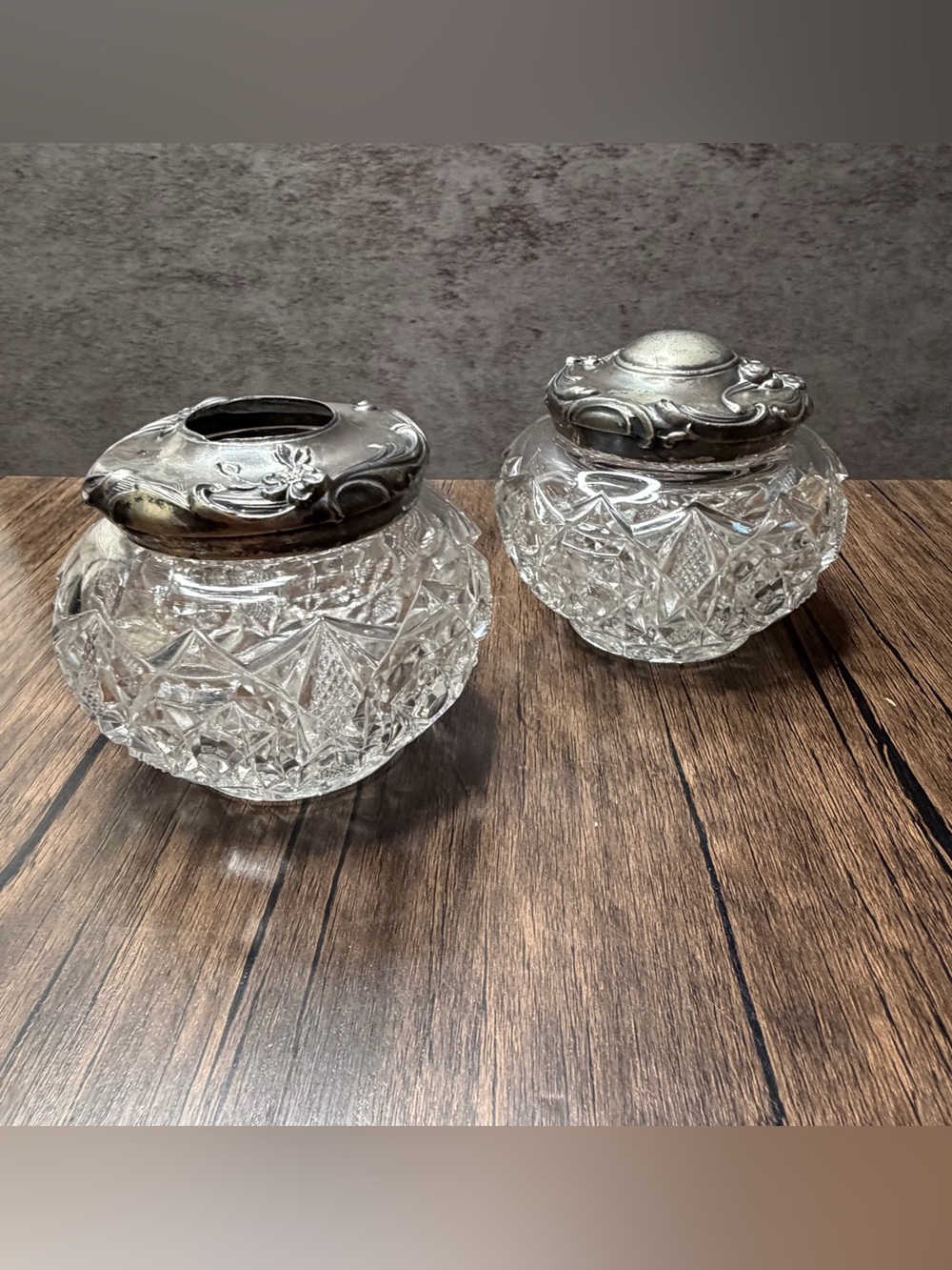 Antique Art Nouveau Cut Glass Dresser Vanity Jar & Hair Receiver Set Silverplate